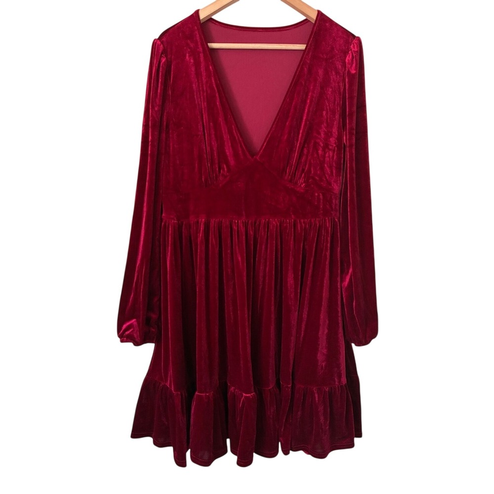 Burgundy Red Velvet V-Neck Long Sleeve Ruffle Mini Dress Plus Size 1X Holiday